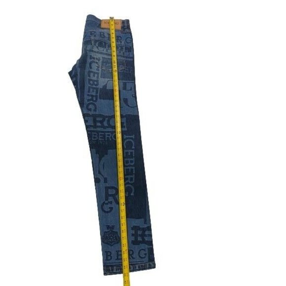 Iceberg Blue Denim Jeans Men’s Printed LogoDesign Button Fly Tapered Leg…
